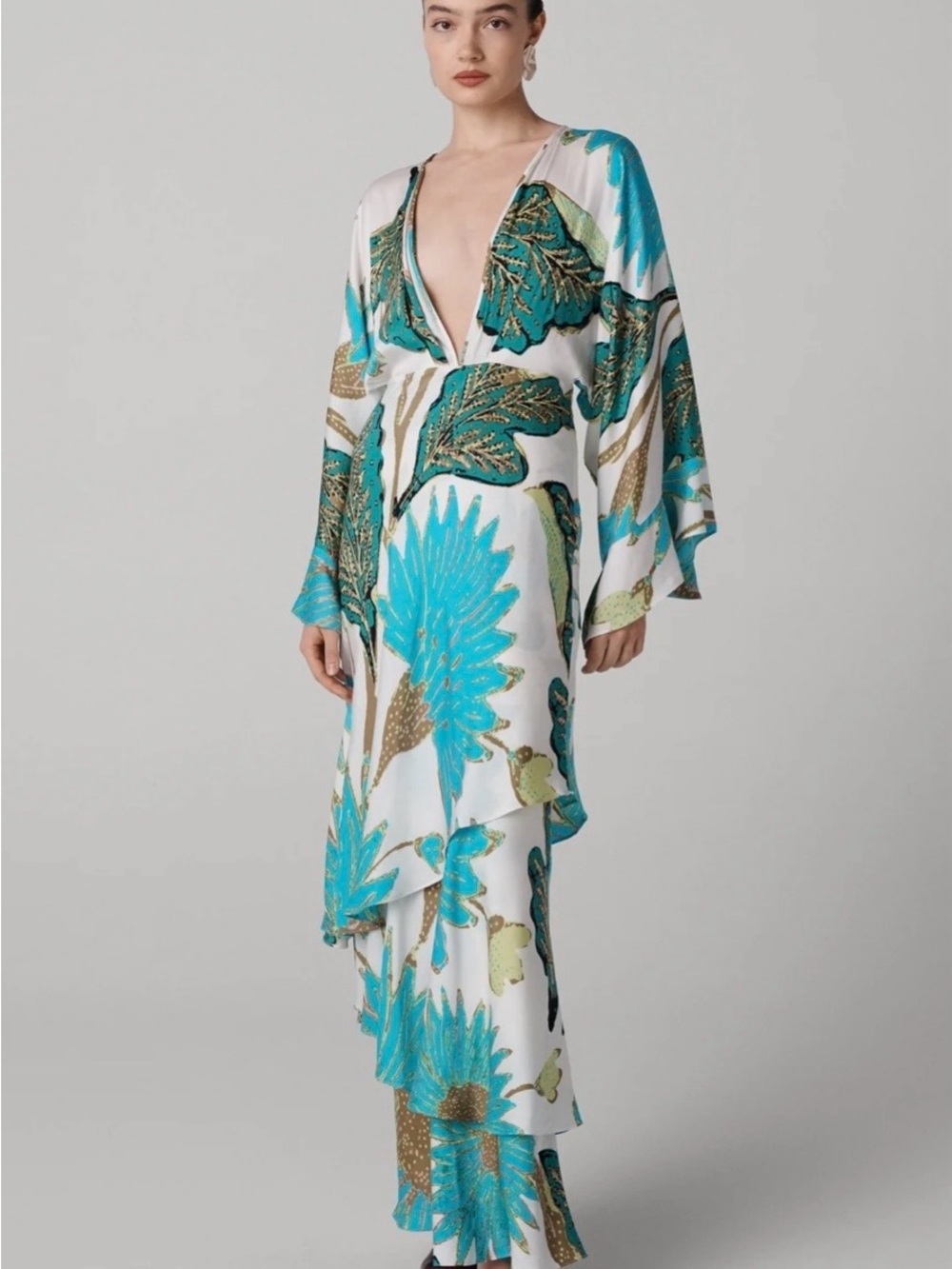 Diane Von Furstenberg Turquoise, White and Gold Floral Tiered Maxi Dress